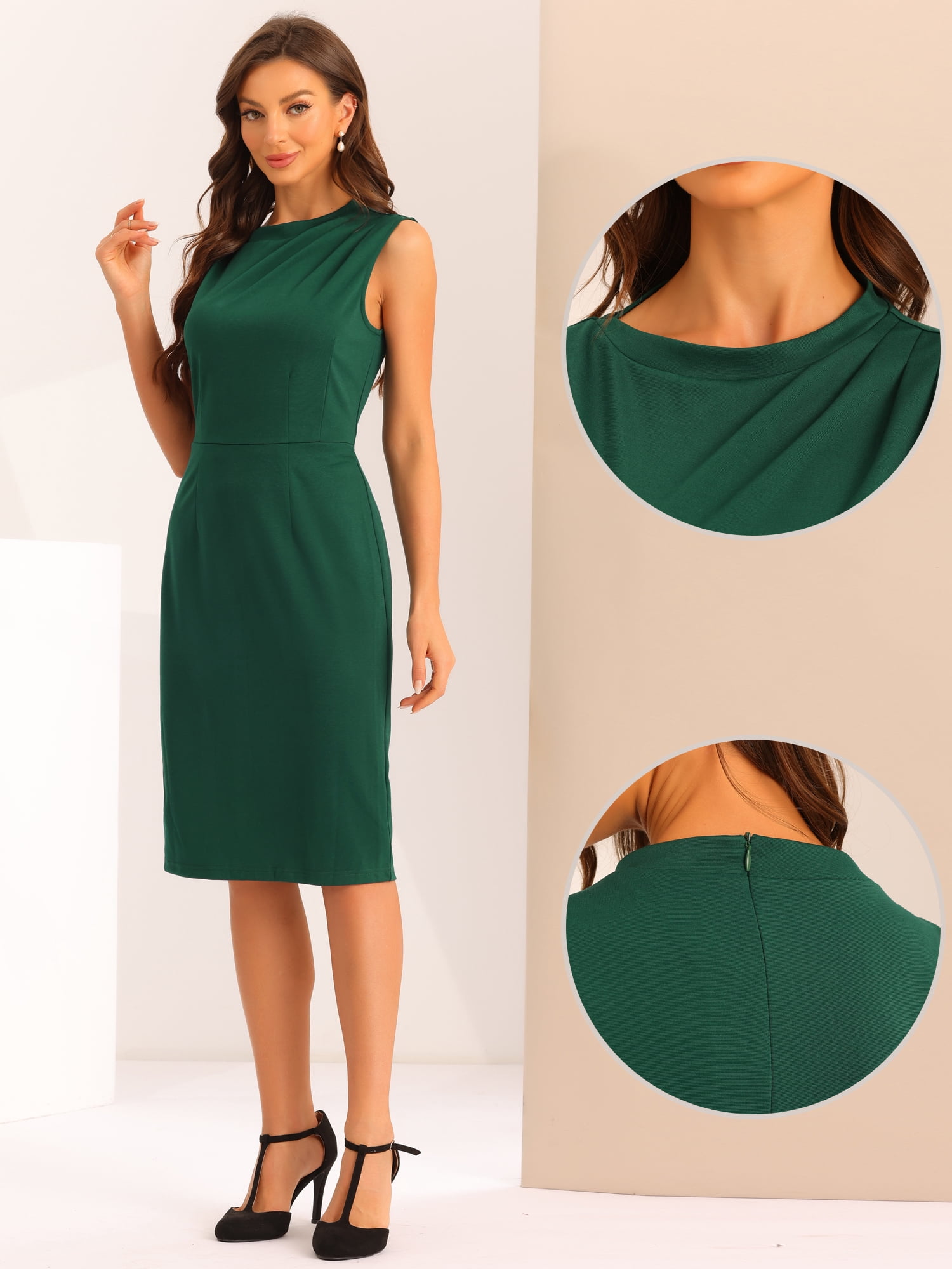DARING DIVA Stand Collar Knee Length Sheath Dresses L Dark Green