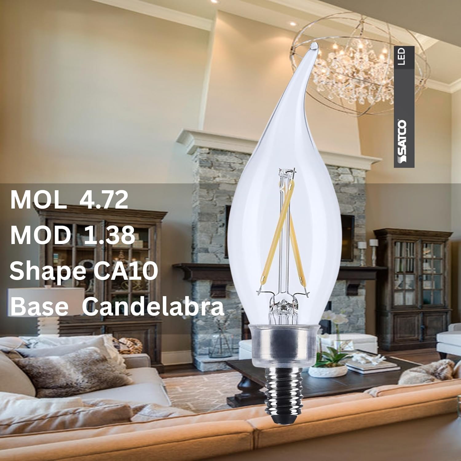 SATCO S12505 CA10 LED Light Bulbs 3W 120V 3000K 200 Lumen E12 Candelabra Base Dimmable Wet Location (6 Pack)