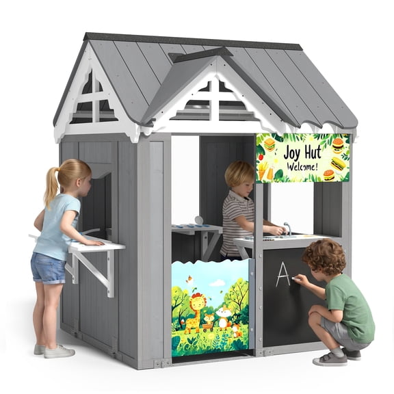 TOBBI Kids Wooden Outdoor Playhouse for Ages 3‑6, Play House with Blackboard & Kitchen Toy Set, Outdoor Play Equipment for Boys & Girls, 41”L x 55”H, Gray