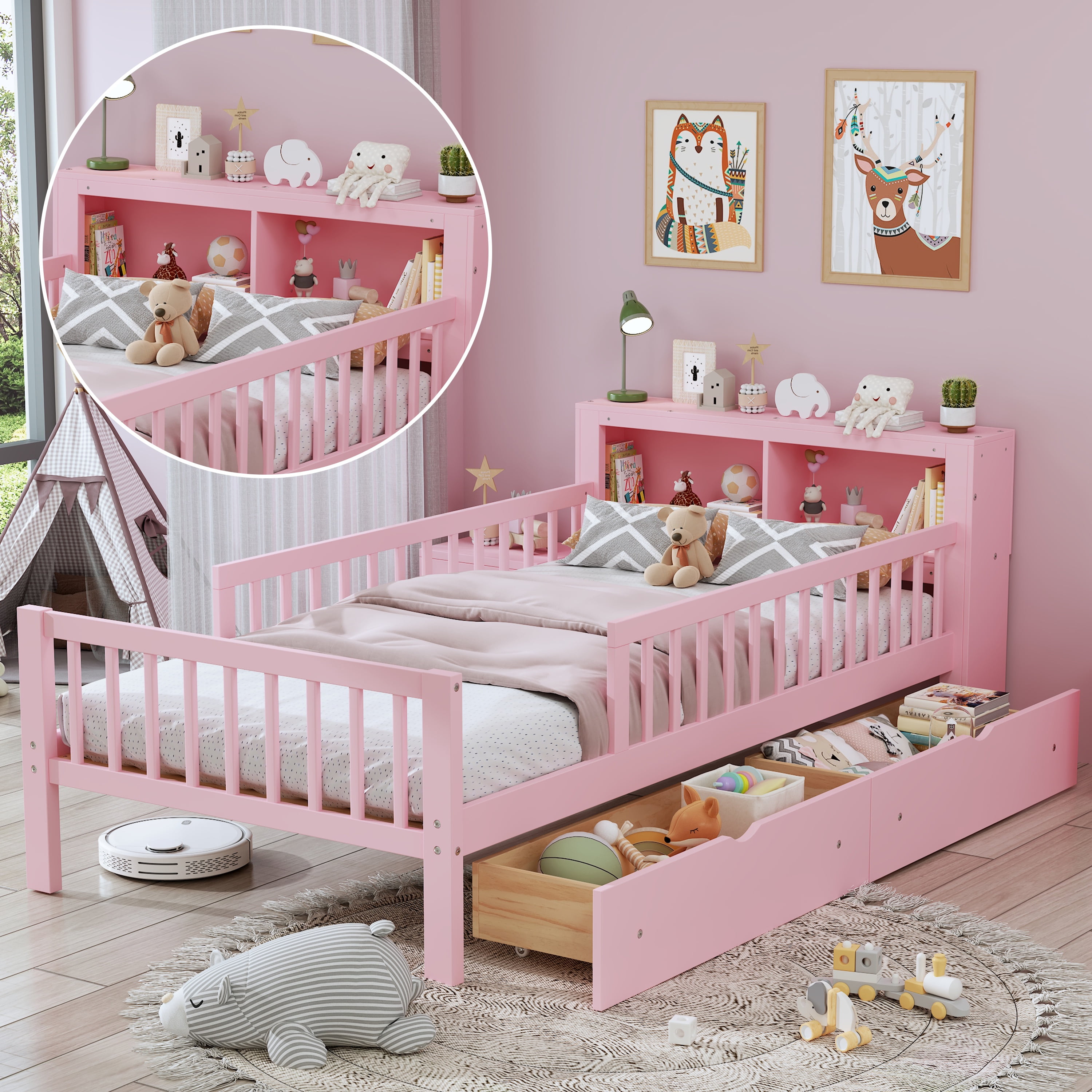 Twin Bed Frame for Kids, SHINPT Twin Size Bed Frame with Headboard Storage Rack, Storage Bed Frame with Two Under-Bed Drawers, Bed for Kids with three-Side Guardrails, White, Pink, Gray, Walnut
