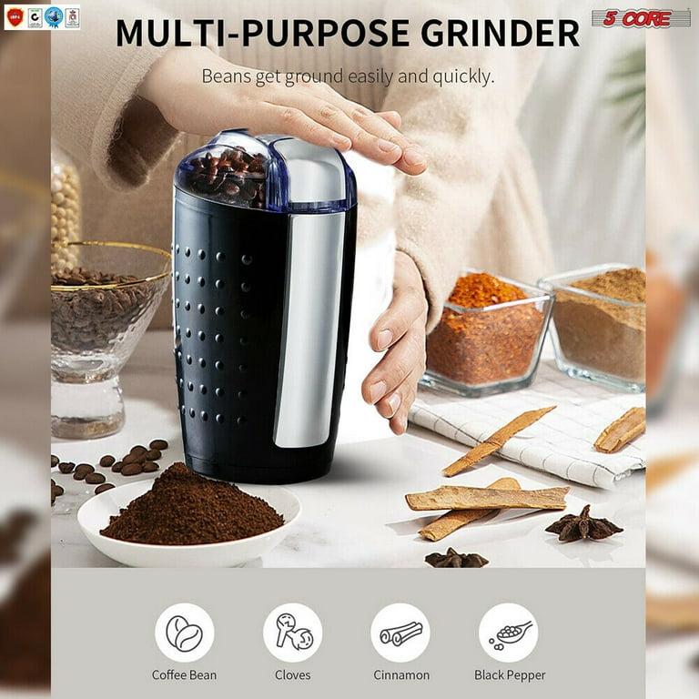 5 Core Coffee Grinder 5 Ounce Electric Large Portable Compact 150W Spice  Grinder with Stainless Blade Grinder Perfect for Spices, Dry Herbs Grinds  Course Fine Ground Beans for 12 Cups Coffee (BLACK) 
