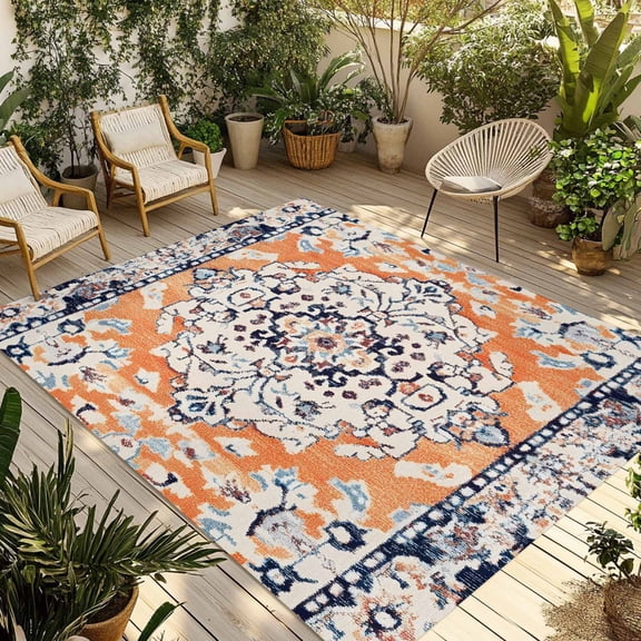 Fsddascl Orange Boho Outdoor Rug for Patio/Deck/Porch, Non-Slip Large Area Rug 5 x 8 Ft, Vintage Ethnic Tribe Abstract Art Indoor Outdoor Rugs Washable Area Rugs, Reversible Camping Rug Carpet
