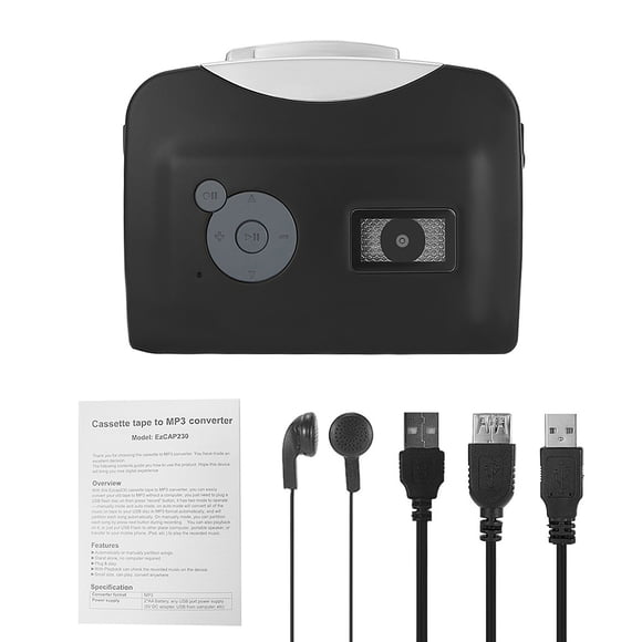 Graflsoa USB Cassette to MP3 Converter - Black, Tape to Digital Audio Recorder, No PC Needed, Stereo L/R, 128Kbps Bit Rate, Includes Headphones & USB Cable