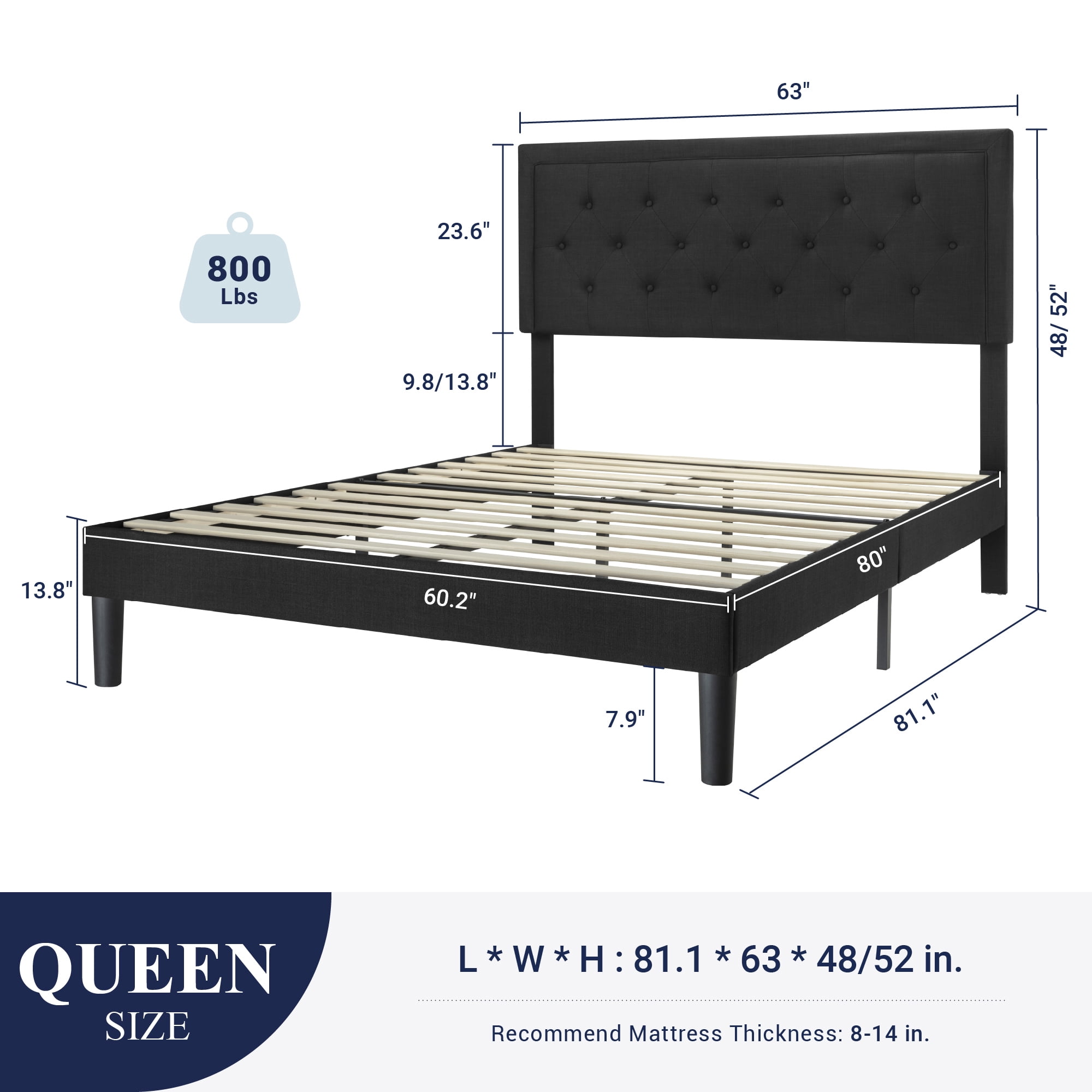 SHA CERLIN Queen Bed Frame with Adjustable Headboard, Fabric Upholstered Platform Bed, No Box Spring Required, Black