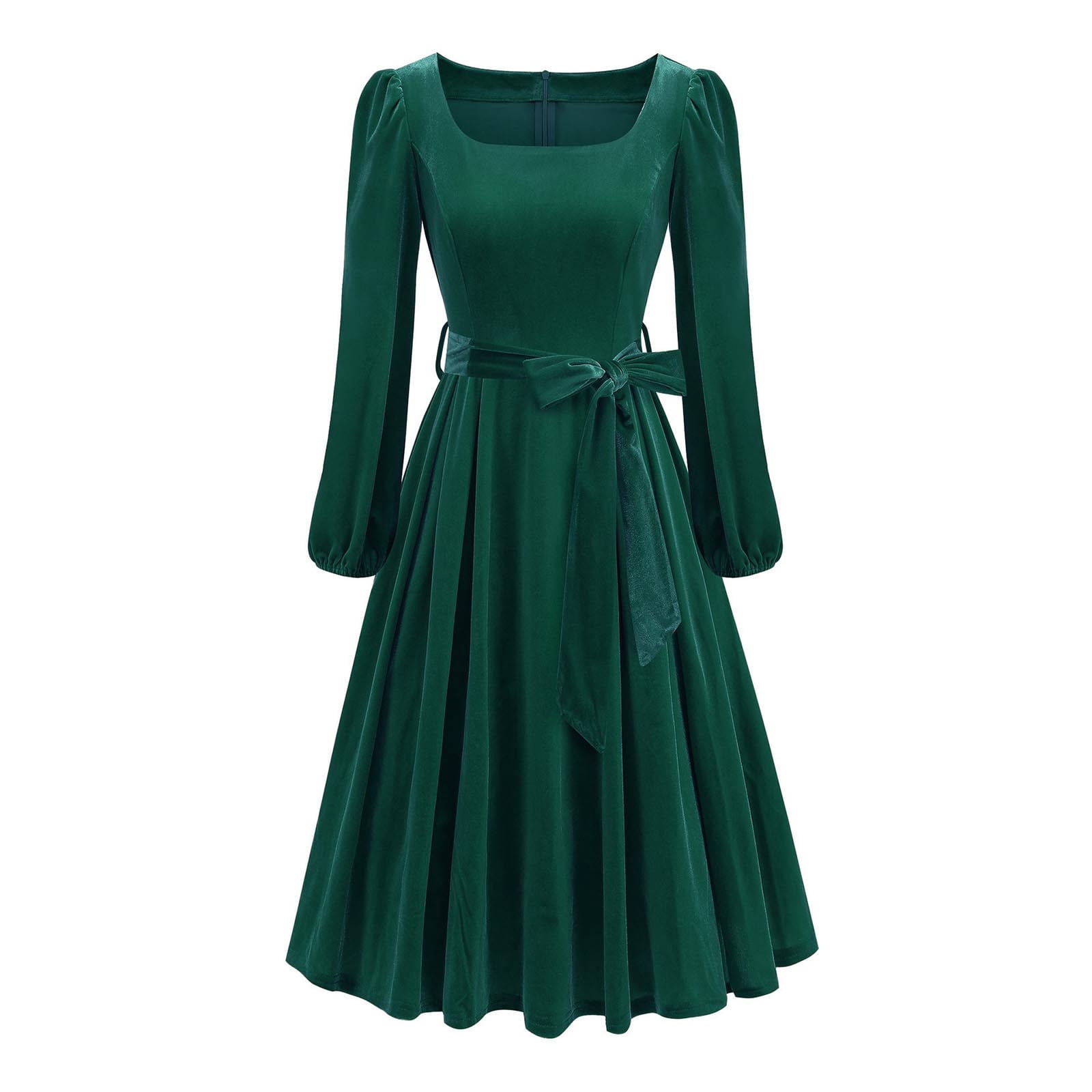 JGGSPWM Women's Winter Vintage Golden Velvet Dresses for Women Formal Dress Long Sleeve Square Neck Swing Dress Green S