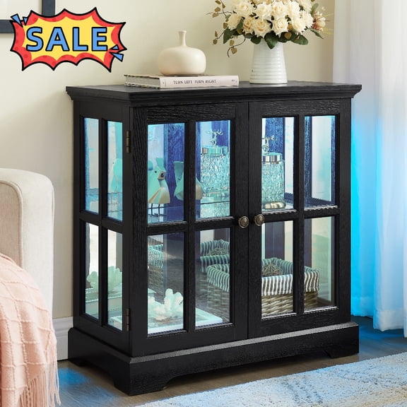 Tcbosik Display Glass Cabinet with LED Lights, Small Curio Cabinet with Adjustable Shelves, Accent Storage Cabinet for Living Room, Dining Room, Bedroom, Black