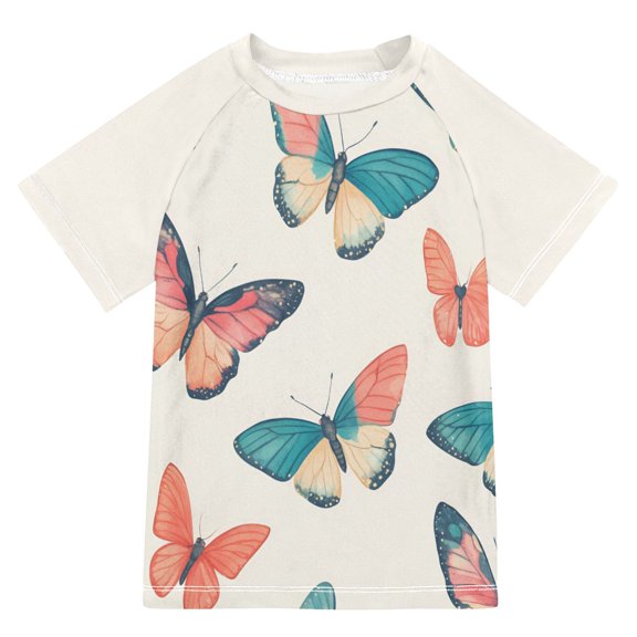 FORMRS Boys Rash Guard Short Sleeves Swim Shirt Quick Dry UPF 50 Sun Protection, Sizes 3-12T, Colorful Butterflies
