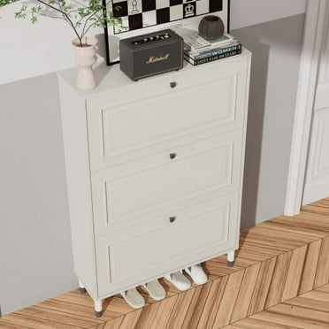 [Anti-Tip & 18-Pair Capacity] Narrow Shoe Cabinet with 3 Flip-Up Drawers - Space-Saving Entryway Organizer, Solid Wood Legs for Hallway/Closet