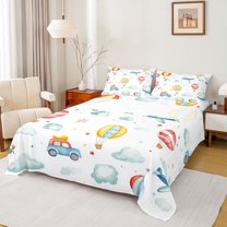 Homewish Cute Car Truck Twin Sheet Sets for Kid, Kawaii Helicopter Twin Fitted Sheet, Cartoon Vehicle Theme Flat Sheet, Luxury Bedroom Decor, 3pcs