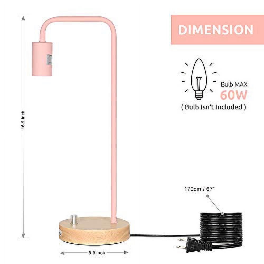 Edison Industrial Table Lamp, Wooden Base with Metal Frame with Rotary Switch - Pink