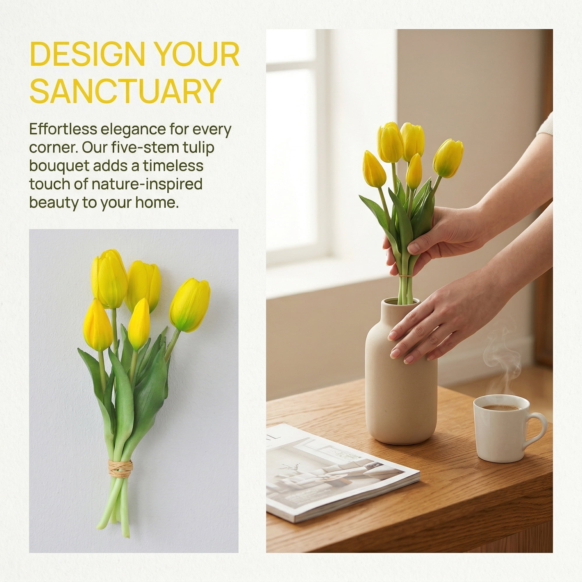 Unique Bargains Artificial Tulips Flowers 5 Pcs Silk Tulips Mini Bouquet [Yellow] 9.8 in