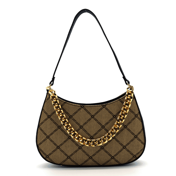 LIKE DREAMS Women's Vegan Leather Denim Mira Gold Chain Shoulder Bag, Black