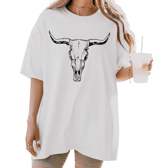 UNISHE Women's Western Cow Skull Line Art Graphic Short Sleeve T-Shirt Casual Breathable Crewneck Top