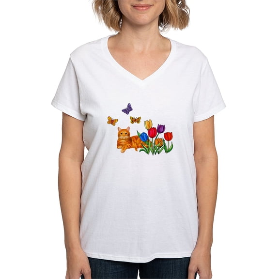 CafePress - Orange Cat In Tulips T Shirt - Womens Cotton V-Neck T-shirt