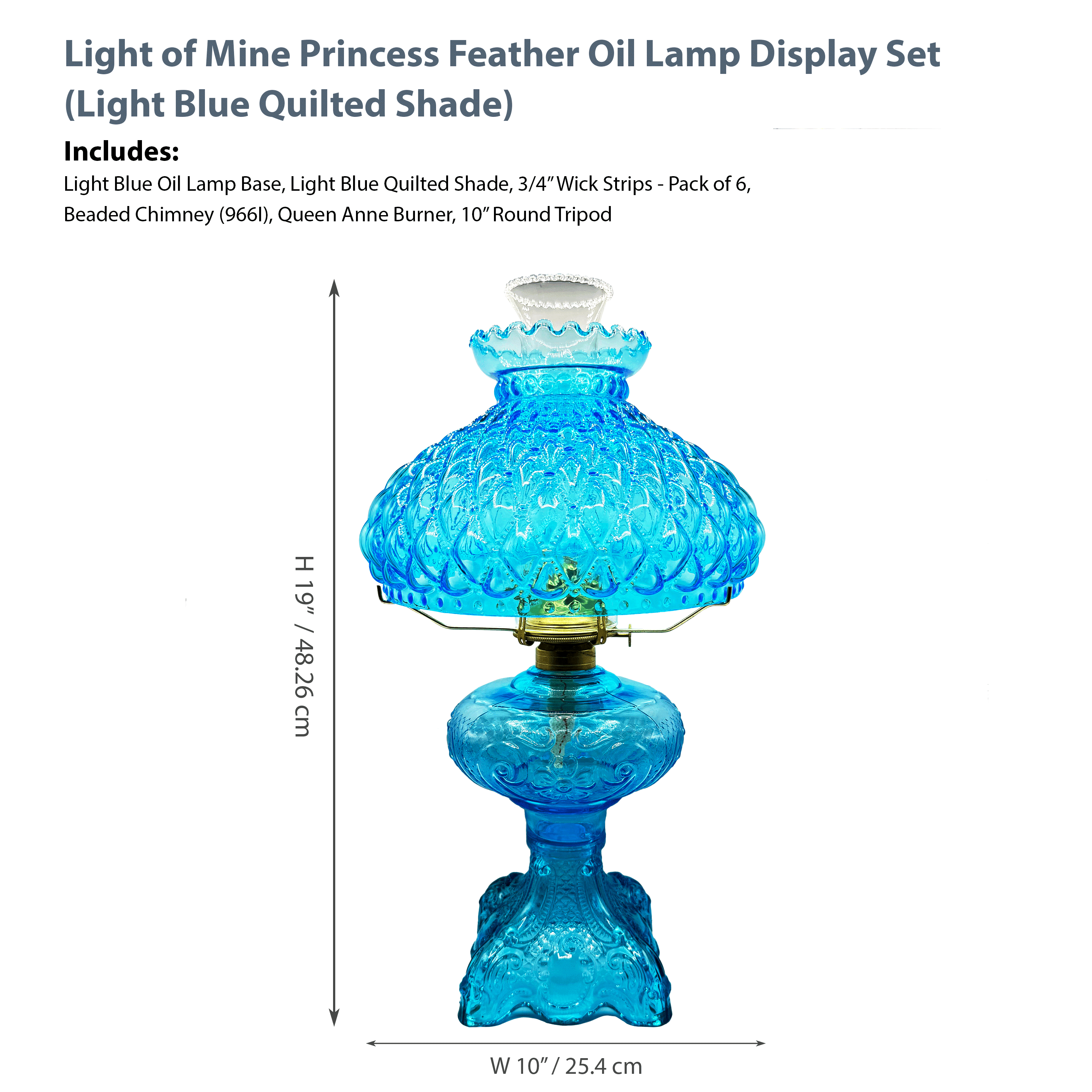 Light Of Mine Princess Feather Oil Lamp Ornate Decorative Antique Pedestal Style Glass Oil Hurricane Lamp Clear with 3/4" Wick roll Lt Blue 10" Shade