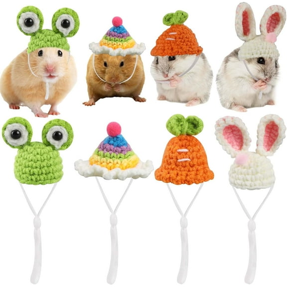 4Pcs Mini Hand Knitted Hats with Adjustable Strap, Small Animals Cute Hat Mini Hamster Hats for Guinea Pig Pets Holiday Party Costume Accessories