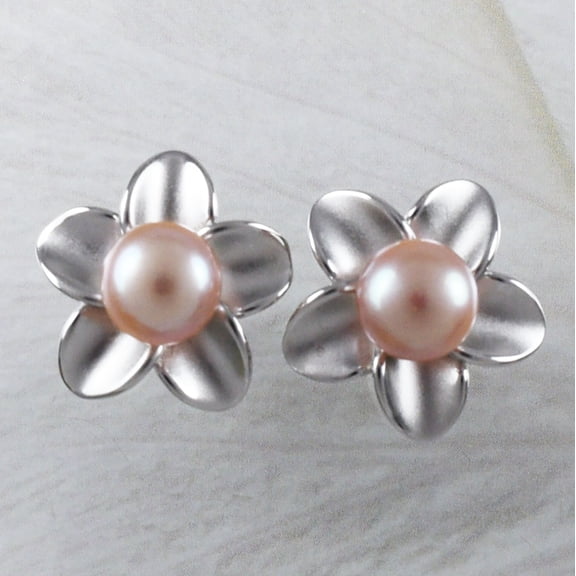 Gorgeous Hawaiian Large Genuine Pink Pearl Plumeria Earring, Sterling Silver Plumeria Stud Earring, E9255 Birthday Mom Gift, Statement PC