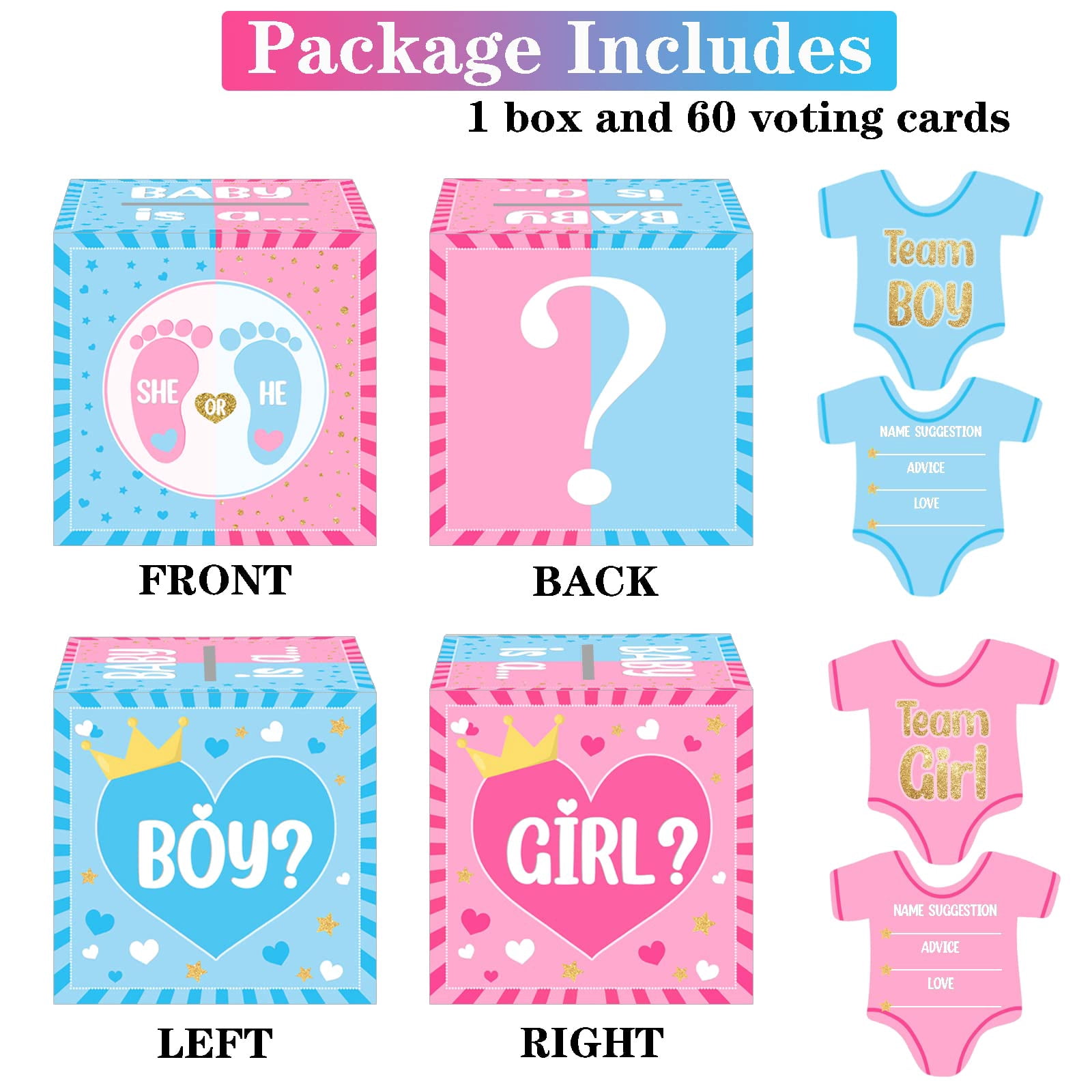 Gender Reveal Baby Shower Party Voting Box with 60 Ballot Cards Decorations Set, He or She Reveal, Cast Your Vote Games,Gender Reveal Party Supplies,Pink and Blue