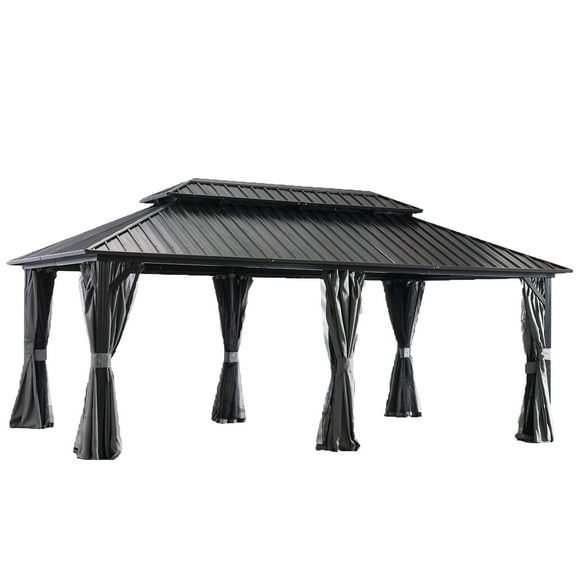 Aoxun 12 ft. x 20 ft. Outdoor Hardtop Gazebo, Galvanized Steel Double Roof Gazebo with Curtain and Netting