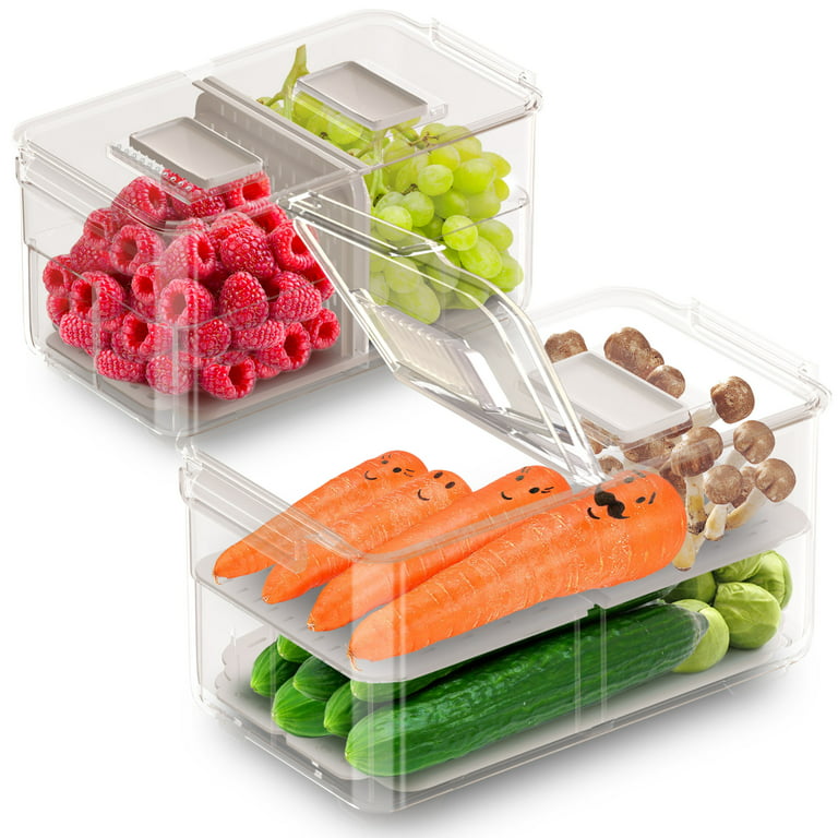 Large Fruit Vegetable Storage Container with Folding Lids,3 Pack Produce  Saver with Vents Stackable Fridge Drawers Organizer Salad Lettuce Keeper  For