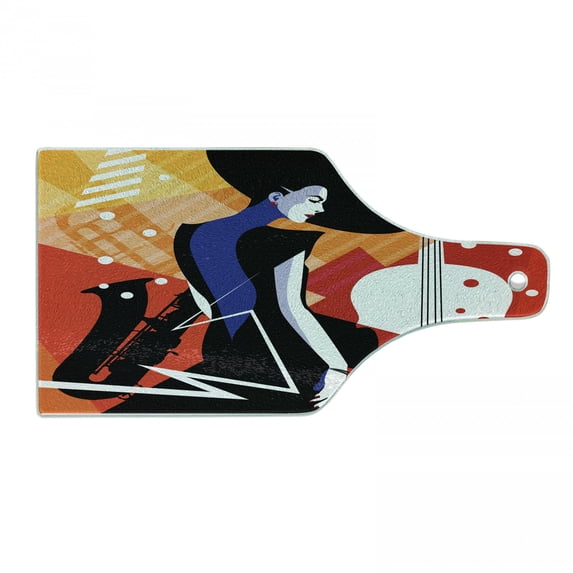 Abstract Woman Cutting Board, Modern Musical Jazz Poster Inspired Artwork with Trumpet, Decorative Tempered Glass Cutting and Serving Board, in 3 Sizes, by Ambesonne