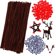 Cooraby 400 Pieces Christmas Pom Poms Fluffy Pompoms Brown Pipe Cleaners Chenille Stems Wiggle Googly Eyes for Christmas Reindeer Crafts DIY Making