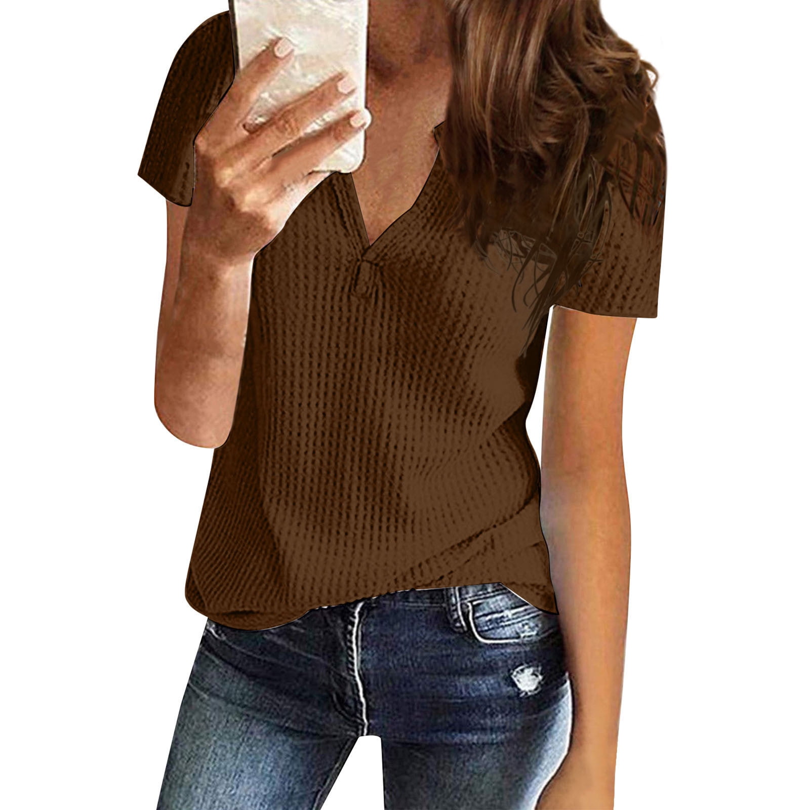Olyvenn Summer Womens Tunic T-Shirts Ribbed Tops Comfy Solid Tees