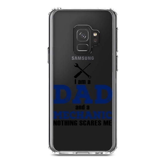 DistinctInk Clear Shockproof Hybrid Case for Samsung Galaxy S9 (5.8" Screen) - TPU Bumper Acrylic Back Tempered Glass Screen Protector - Dad and Mechanic - Nothing Scares Me