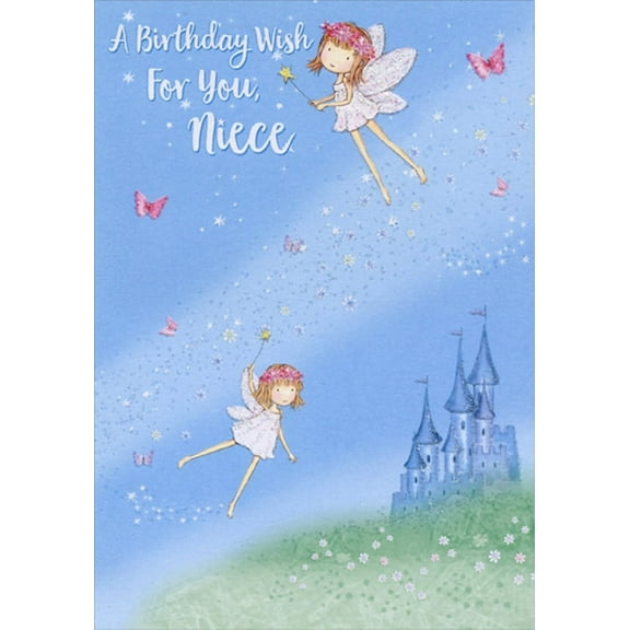 Designer Greetings 2 Flying Faries, Castle and Pink Butterflies Niece Birthday Card