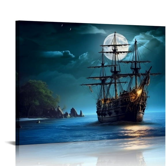 COMIO Canvas Wall Art Ship and Moon on Blue Sea Painting, Framed 20x16in