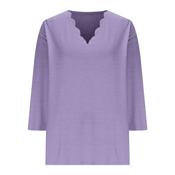 Lenpel T Shirts for Women 3/4 Length Sleeve Scalloped V Neck Solid Color Tunic Tops Casual Loose Tee Blouses(Purple,X-Large)