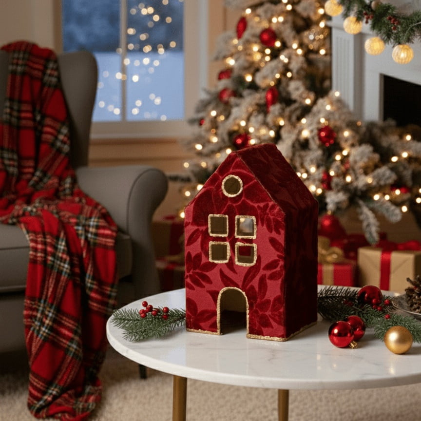 Velvet-Feel House Christmas Decoration, Red and Gold, 6", by Holiday Time