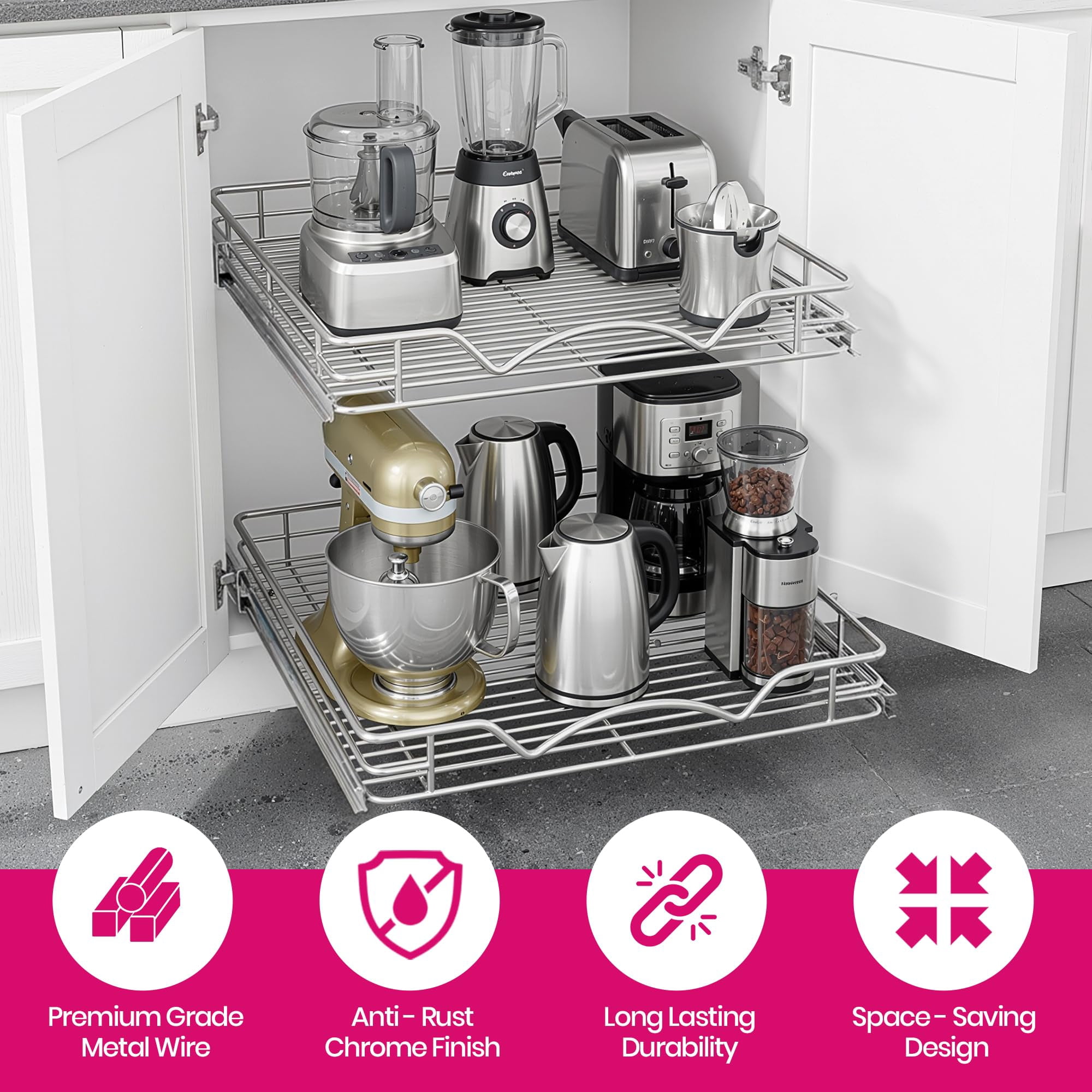 HOLDN' STORAGE 2-Tier Pull Out Cabinet Organizer Heavy Duty Steel Sliding Shelves for Kitchen Pantry and Under Sink Cabinets 8" W x 21" D x 16.5" H