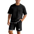 thumbnail image 2 of Mens Track Suits 2 Piece Set Short Sleeve Crew Neck Summer T Shirt And Drawstring Casual Track Shorts Sportswear Sets T Shirts Shorts Sets Fashion Retro Textured Sweatsuit Black M, 2 of 5
