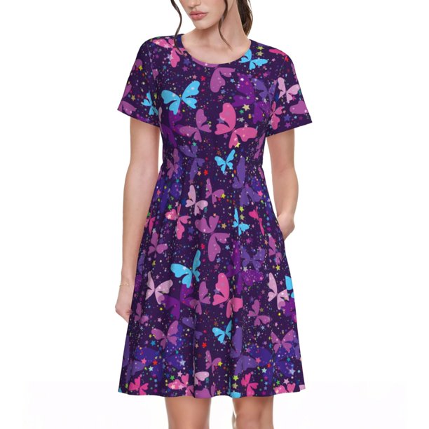 Easygdp Bright Purple Butterflies para Vestido Transpirable de Mujer, Vestido Suelto de Manga Corta con Pliegues y Bolsillos para el Verano