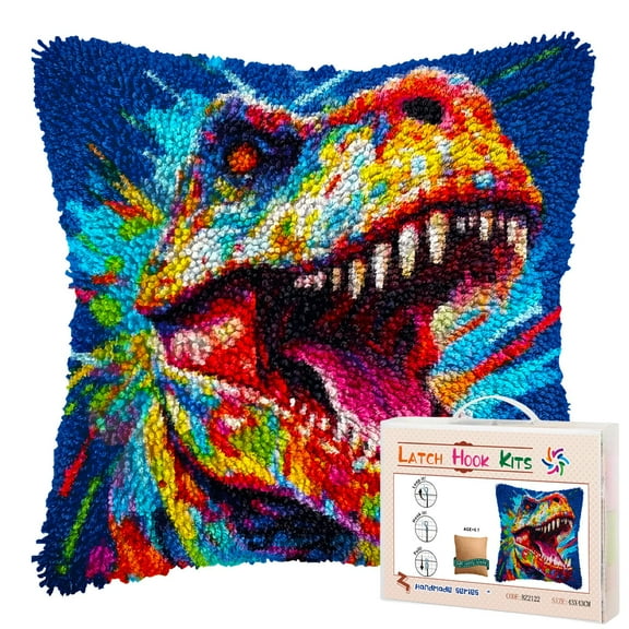 Colorful Dinosaur DIY Latch Hook Pillow Kits for Adults Printed Pillowcase Crochet Yarns Hooking Handmade Pillow Cover Cushion for Home Sofa Decoration 17x17inch