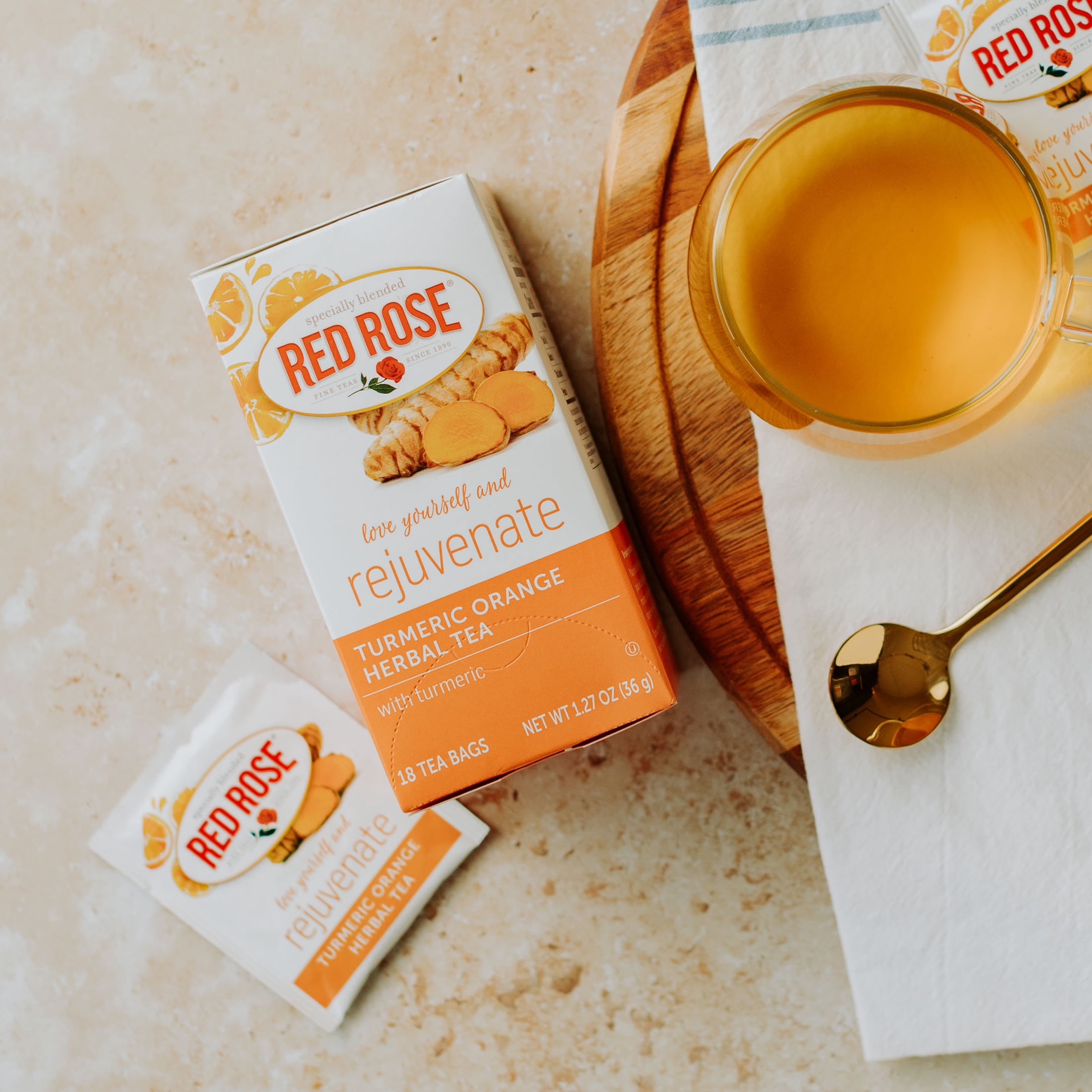 Red Rose Blossoms Turmeric Orange Blossom Herbal Tea with 18 Individually Wrapped Tea Bags Per Box (Pack of 6) Caffeine Free Brew Hot Naturally Flavored Herbal Tea