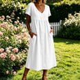 thumbnail image 2 of Yangnuo Women's Cotton Linen Short Sleeve Maxi Dress Fashion Ladies V-Neck Button-Down Loose Casual Summer Long Dress with Pockets White XXL, 2 of 5