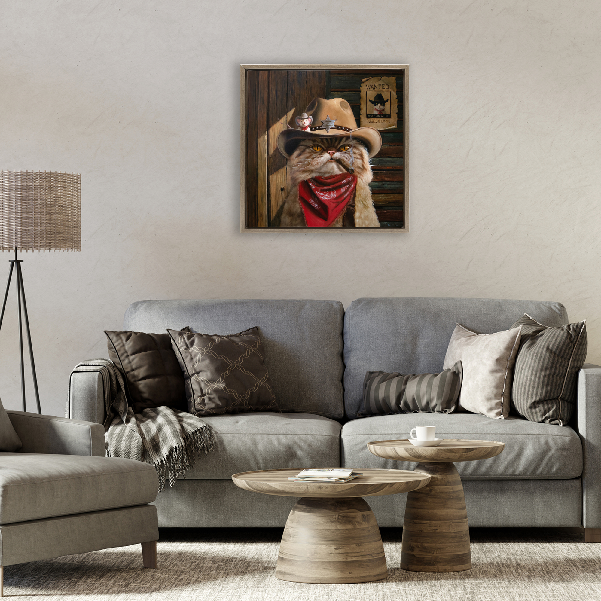 Deputy Purrkins Cat Sheriff Brown Framed Floater Canvas Wall Art, design by Lucia Heffernan