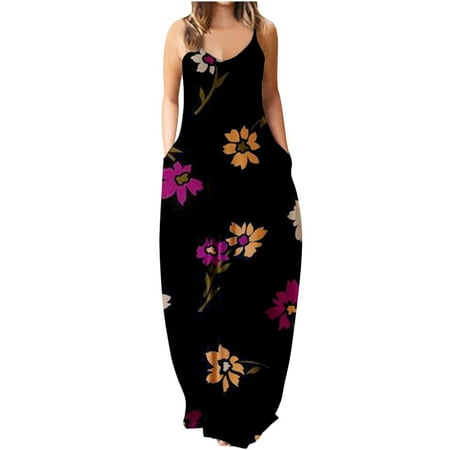 

Dresses for Women 2022 Sweater Dress Women Trendy Sling Mid-waist V-neck Sleeveless Stripe Floral Printed Slim Beach Long Dress Clearance 2022 Summer Dresses Long Sleeve Dress Black S