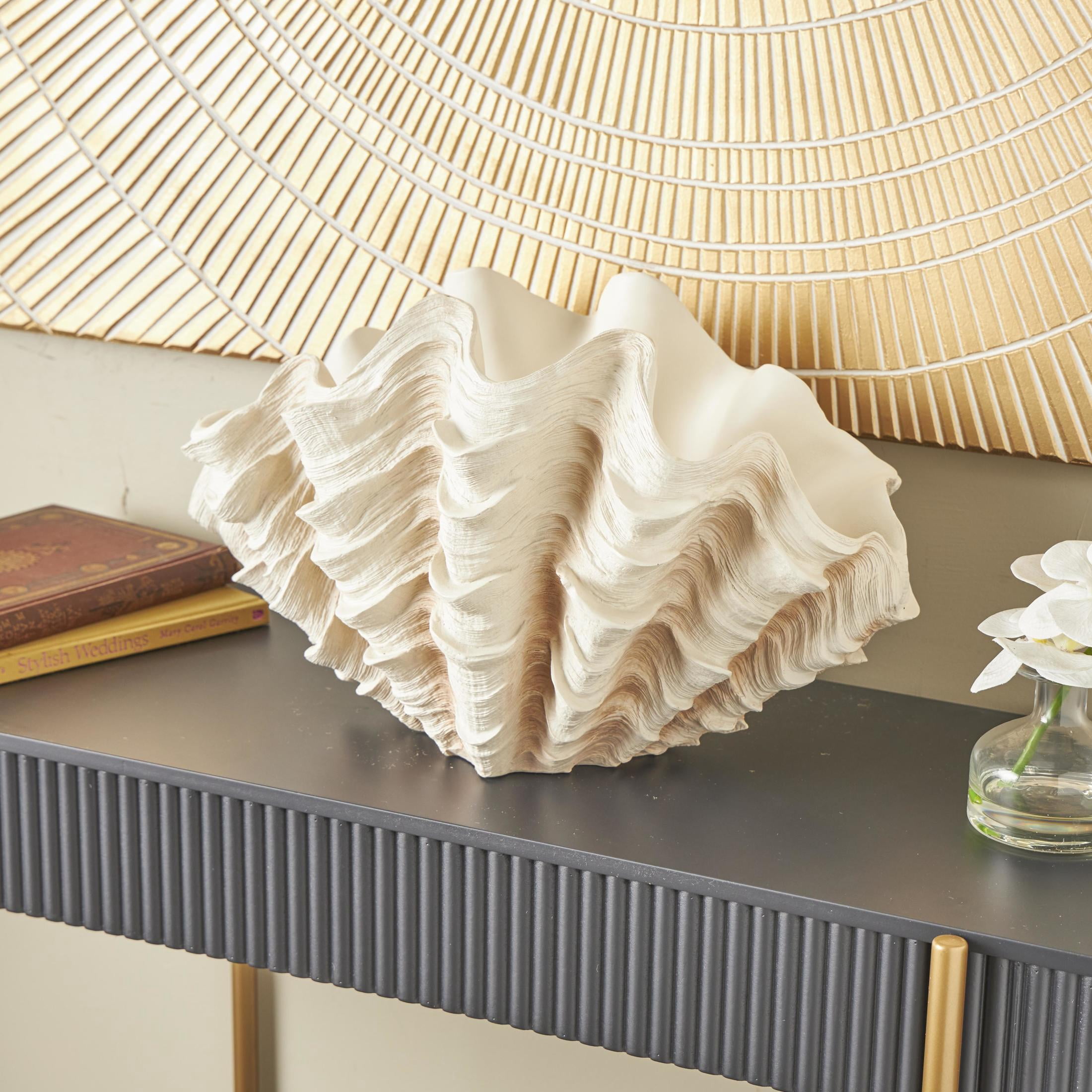 19" x 11" Cream Resin Textured Shell Sculpture, by DecMode