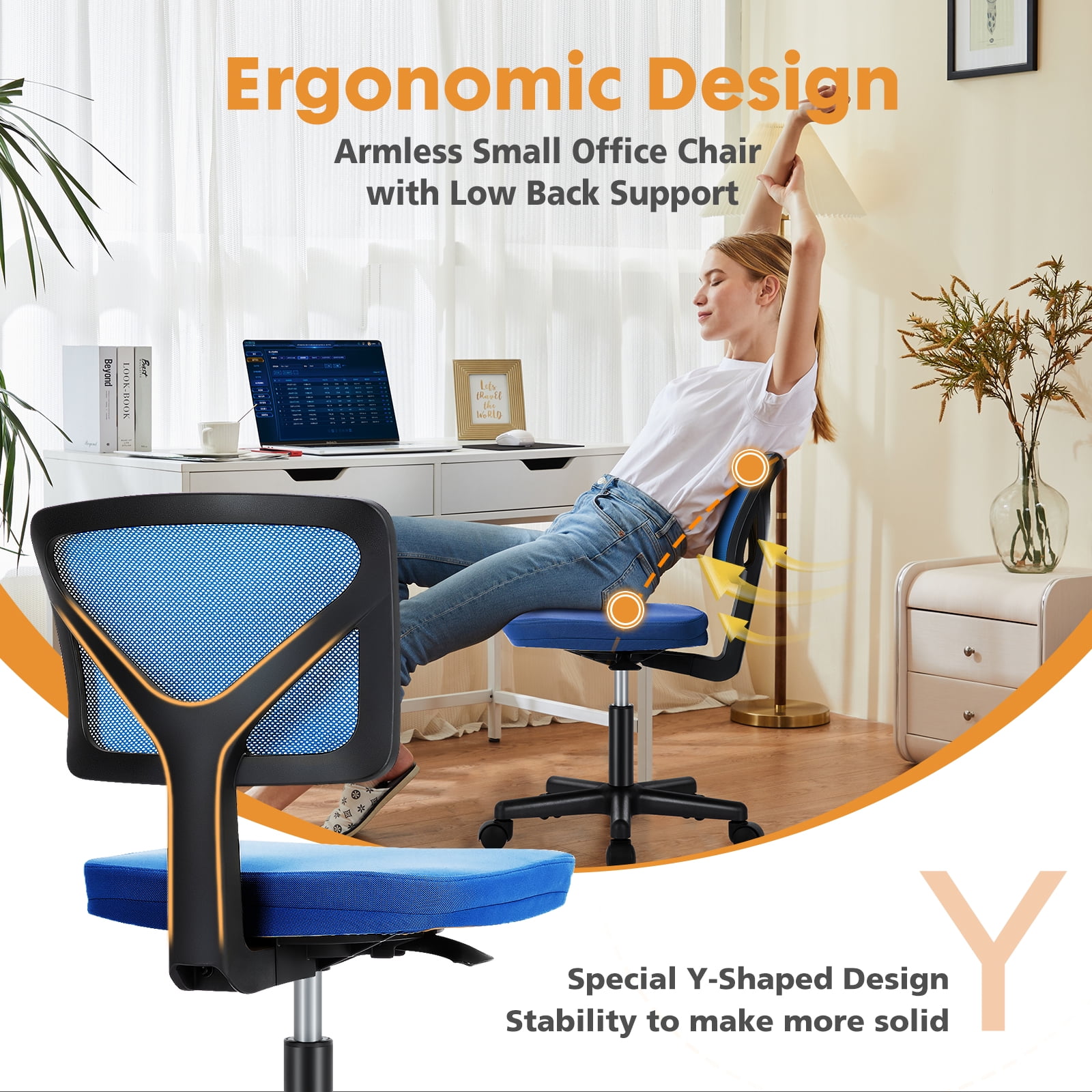 CONCETTA Ergonomic Home Office Mesh Desk Chair, Small Space, Armless Rolling Chair for Adults, Blue