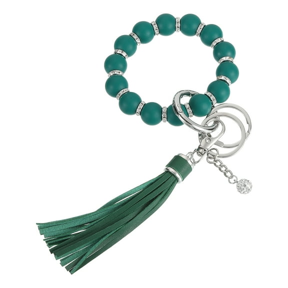 Uxcell Silicone Wristlet Keychain, Cute Beaded Wristlet Keychain Car Key Ring with Leather Tassel for Women, Dark Green