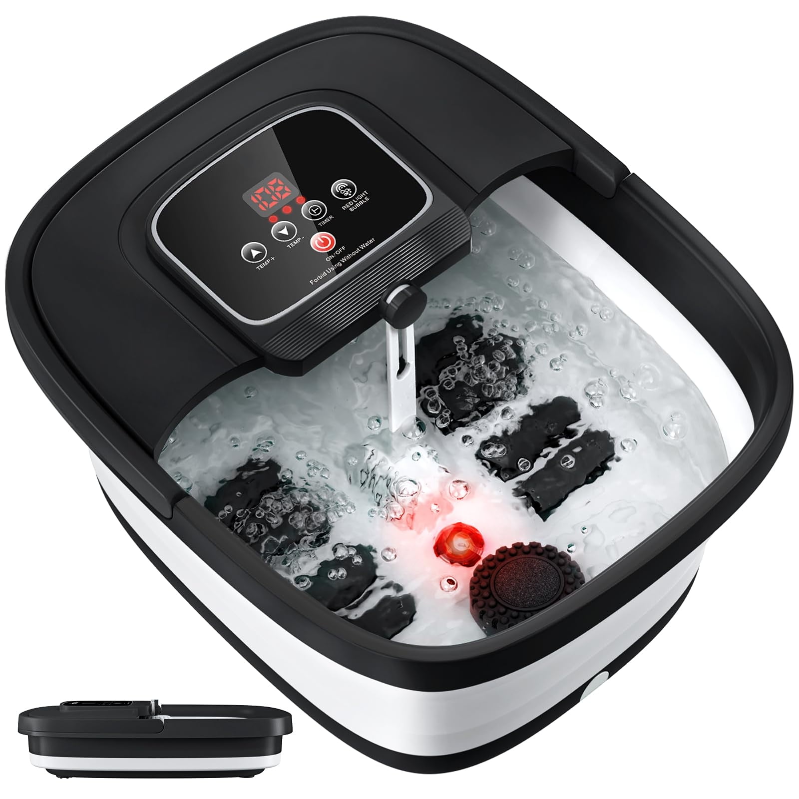 Collapsible Foot Spa with Heat, Bubble, Red Light, and Temperature Control, Foot Bath Massager with 8 Shiatsu Massage Rollers, Pedicure Foot Spa for Relaxation and Stress Relief, Black