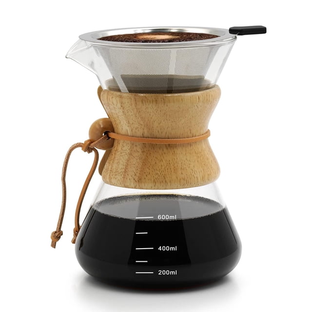 600ML Cafetera De Vidrio Reutilizable,Juego De Cafetera Pour Over Con Filtro De Acero Inoxidable 304