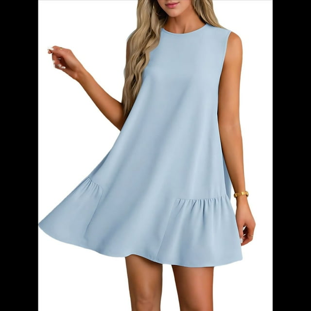 Vestido Tipo Chaleco Sin Mangas con Cuello Redondo en Color Liso, Azul , Talla M