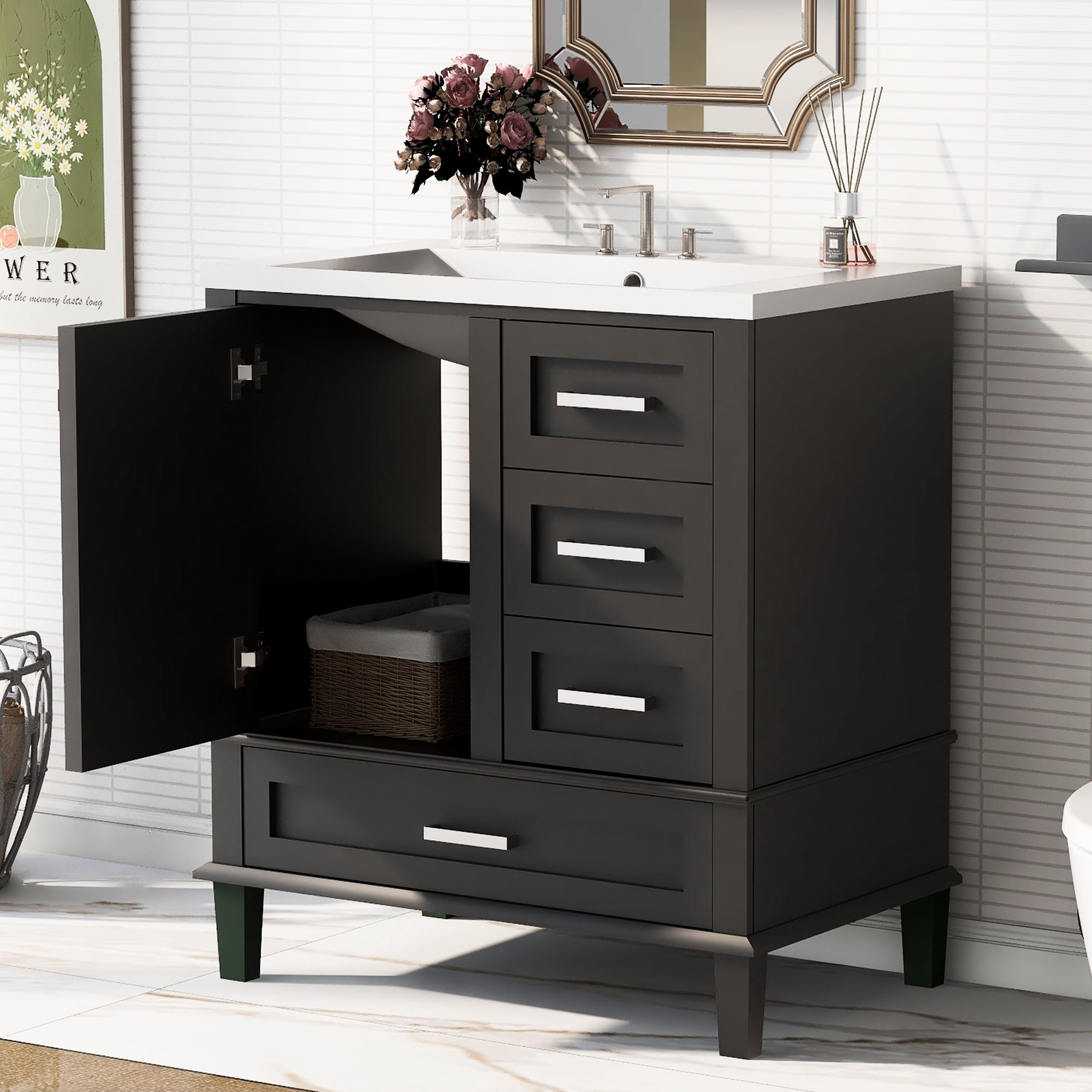 Harper & Bright Designs 30" Bathroom Vanity, Bathroom Cabinet with Sink Combo Set, Bathroom Storage Cabinet with Soft Closing Door and 3 Drawers, Black