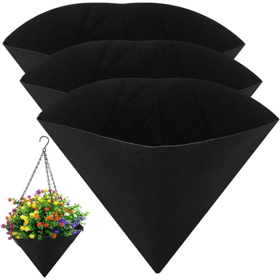 3Pcs Cone Shaped Hanging Basket Liners 12 Inches Fabric Planter Inserts Garden Decoration Black Felt Replacement Liner