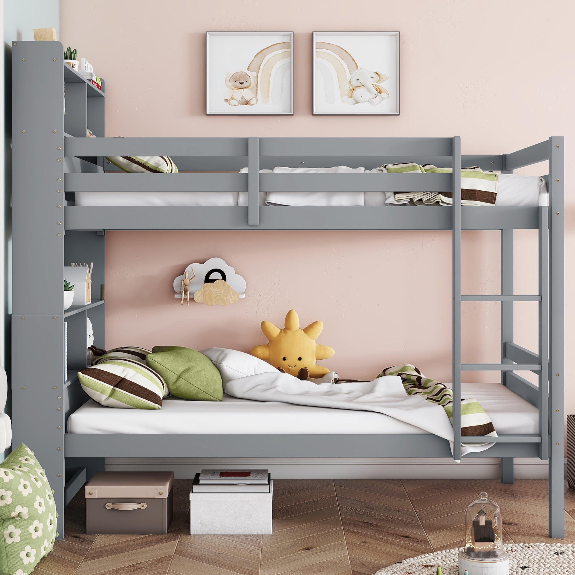 Leumius Twin Over Twin Bunk Bed with Shelves , Rubber Wood Bed with Shelves Headboard, Safety Guardrails and Ladder, Convertible to 2 Beds for Boys Girls Grey
