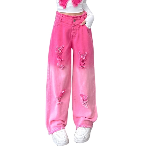 JLMSPLWG Preppy Jeans for Kids Gradient Pink with Bows Embellished Toddler Ripped Denim Jeans Teen Girl Distressed Straight Cute Trendy High Waist Personalized Preppy Jean Kids Clothes